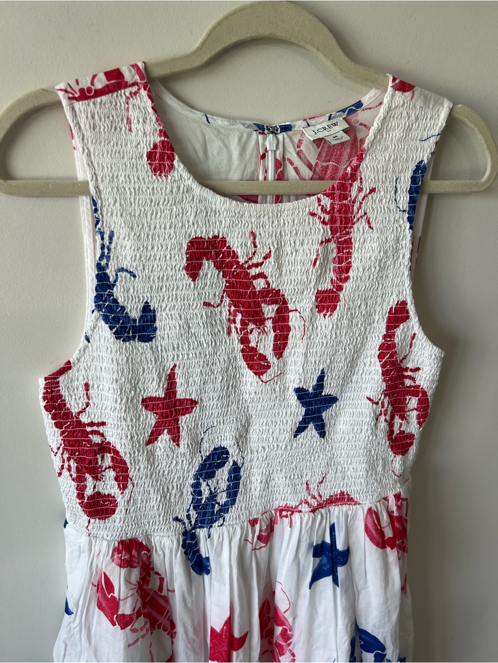 J. Crew White Midi Dress with Red & Blue Lobster and Star Print Cotton - Picture 2 of 10